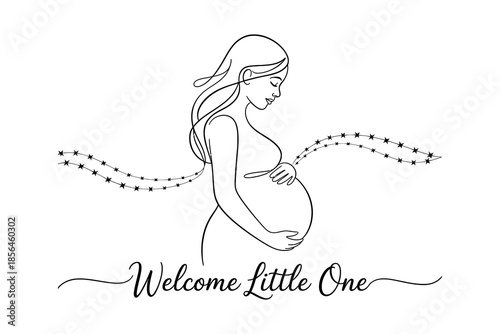 A pregnant woman with a starry design and the words 'Welcome Little One'