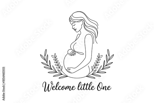 A pregnant woman with long hair and a leafy wreath welcomes a little one