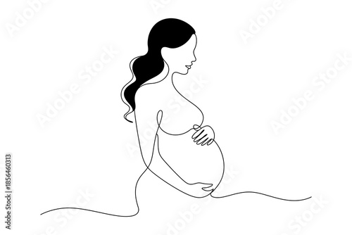 A pregnant woman sitting and holding her belly in a simple line drawing