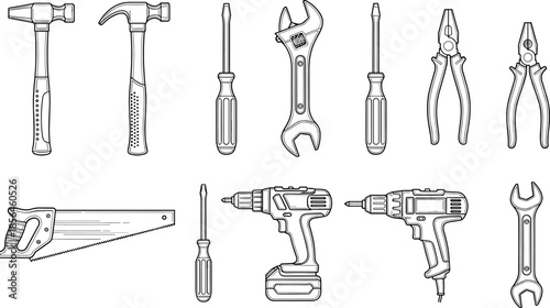 Hand tools set illustration, hammer screwdriver wrench pliers drill saw, construction tools collection, repair equipment line art vector