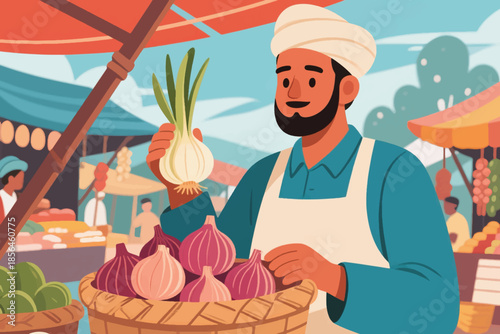 Man holding fresh white onions at a vibrant outdoor market, surrounded by red onions and produce stalls. A lively moment of local commerce.