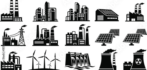 Industrial energy icons set, power plants factories silhouettes, renewable and nonrenewable energy generation, electricity infrastructure vector collection