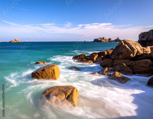 Turquoise ocean waves crash onto golden-hued boulders under a blue sky
