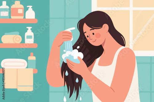 Person washing hair with shampoo in a bright bathroom, creating lather and bubbles. A fresh moment of personal hygiene.