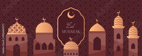 Ramadan greeting banner with mosque domes and minarets in gold tones on dark red background. Crescent moons and arabesque pattern. Vector illustration for spiritual holiday card, banner, web.