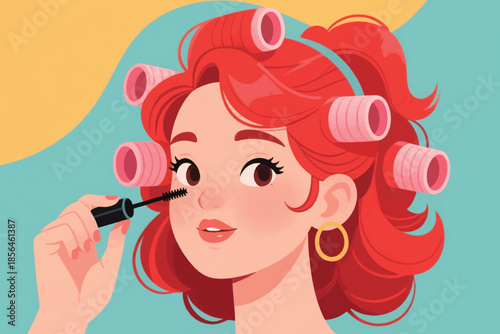 Person applying mascara with pink hair rollers and gold earrings against a colorful abstract background. A stylish moment of beauty care.