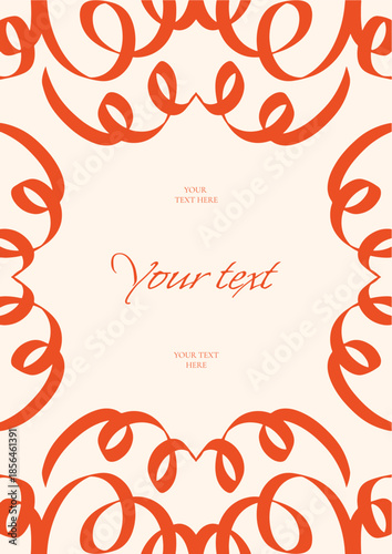 Vintage elegant abstract frame with swirling ribbon-like curls in bold red. Decorative minimal border for invitations, certificates, book covers or wedding stationery.