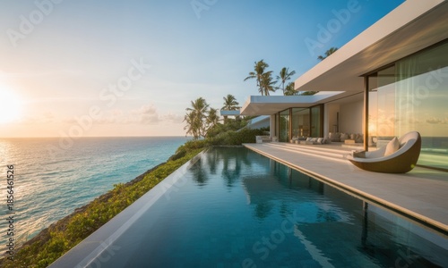 Coastal villa with infinity pool at sunset