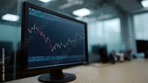 A computer monitor displays a financial market graph with fluctuating trends and candlestick patterns