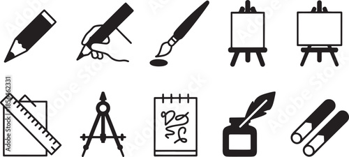 Collection of black and white vector icons for art and design drawing painting