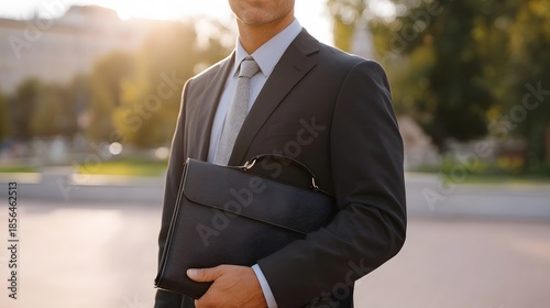 A professional man in a suit holding a briefcase outdoors with sunlight in the background