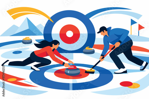 Corporate modern illustration of curling players sliding stone on ice rink.