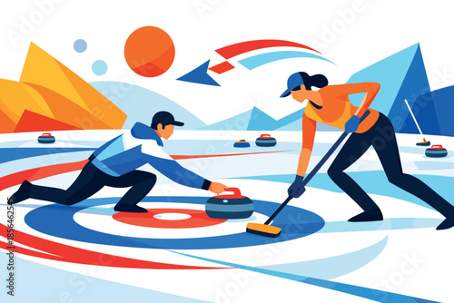 Corporate modern illustration of curling players sliding stone on ice rink.