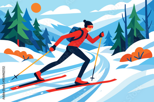 Corporate modern illustration of cross country skier on snowy forest trail.