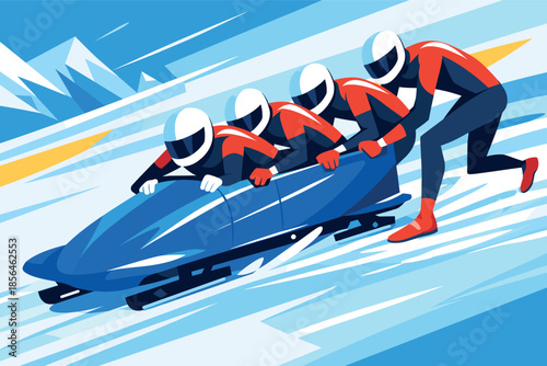 Corporate modern illustration of bobsleigh team racing down icy track.