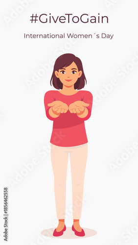 Give to Gain Action social campaign. International Womens Day. 2026. Vertical banner. Suitable for social media projects.
