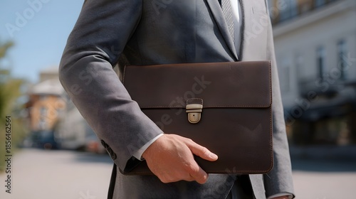 A professional person in a suit holding a brown leather briefcase outdoors on a bright day