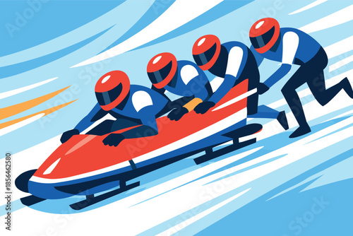 Corporate modern illustration of bobsleigh team racing down icy track.