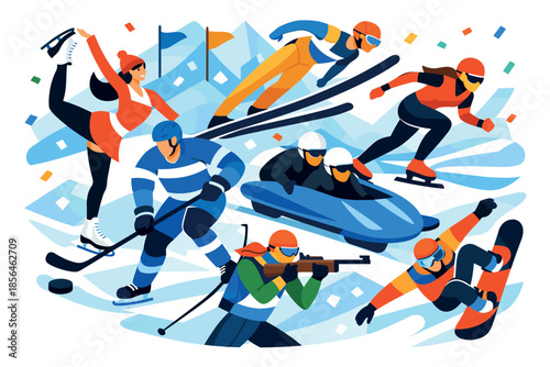 Corporate modern illustration combining multiple winter Olympic sports in dynamic scene.