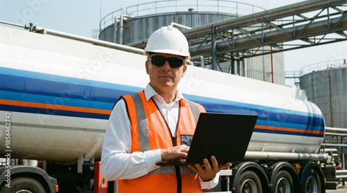 Industrial worker with laptop standing in front of tanker truck