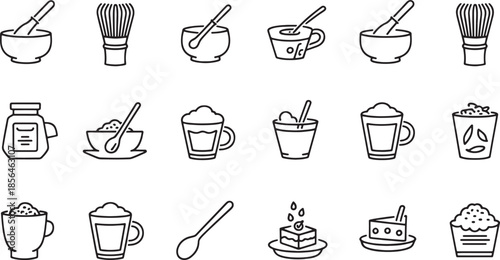 Collection of black line art icons for matcha tea preparation and desserts chasen chashaku