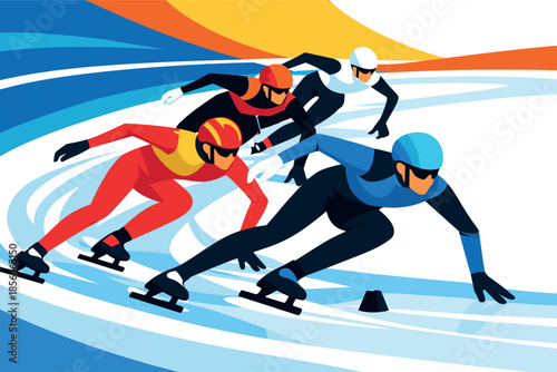 Corporate modern illustration of short track speed skaters competing in sharp turn.