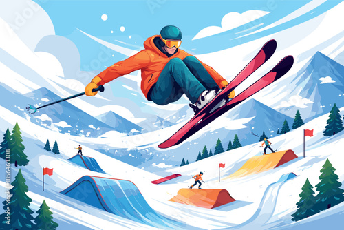 Corporate modern illustration of freestyle skier performing aerial trick above snow park.