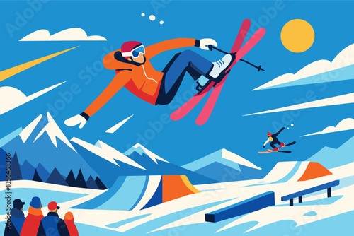 Corporate modern illustration of freestyle skier performing aerial trick above snow park.