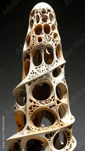 A detailed sculpture of a tower made of organic shapes, spirals, holes, and textures against gray backdrop