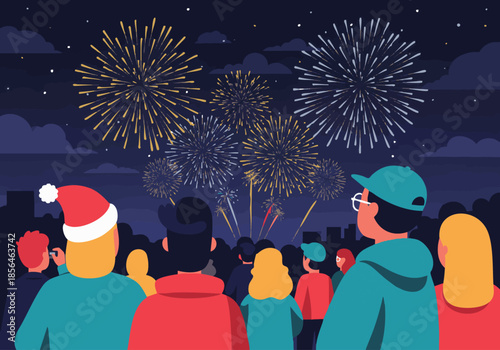 Happy family with Christmas gifts celebrates a snowy New Year night under a starry moonlit sky in this festive winter cartoon illustration featuring Santa and a red holiday light