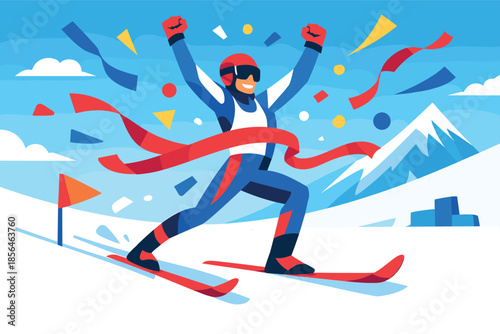 Corporate modern illustration of winter athlete celebrating victory at finish line.
