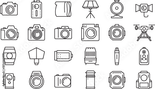 Collection of minimalist outline icons for photography and videography equipment camera drone