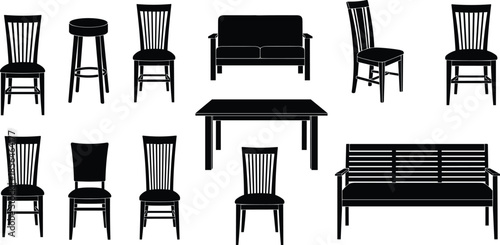 Furniture silhouette icon set, chairs table sofa bench collection, home interior seating designs, black vector illustration set