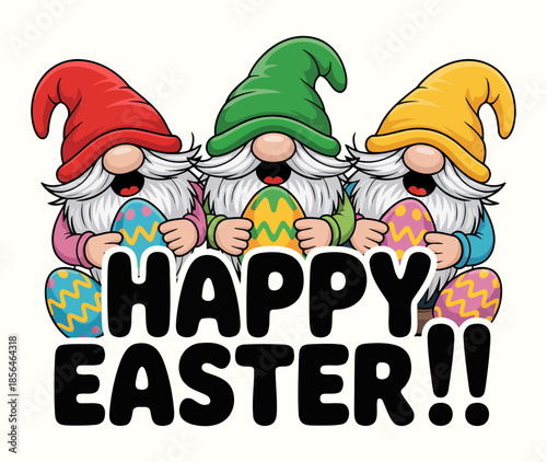 Cute Easter Gnomes Holding Colorful Easter Eggs with Happy Easter Message