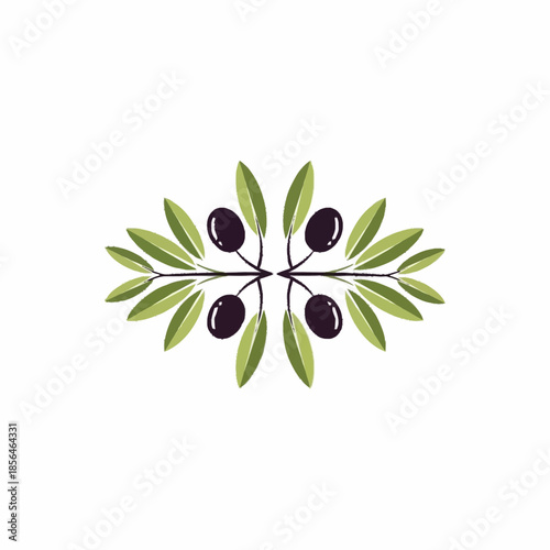 Symmetrical olive branch design with dark olives and green leaves.