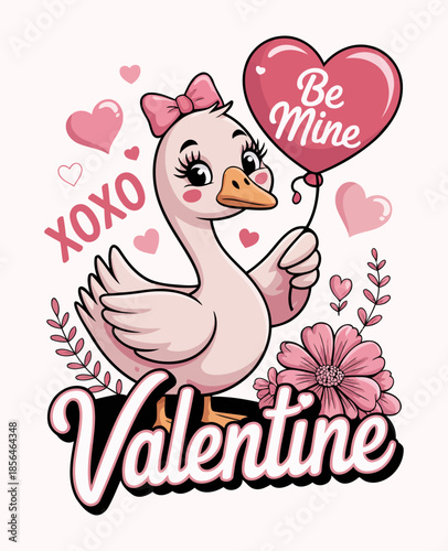 Cute Goose Holding Be Mine Heart Balloon and XOXO for Valentine’s Day Apparel