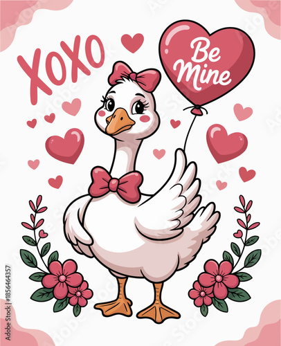 Sweet Valentine’s Day Goose Design with Flowers and Heart Balloon for Couples