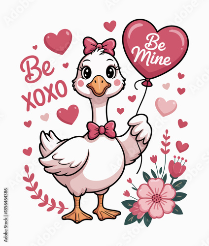 Cute Valentine’s Day Goose with Heart Balloon and Be Mine Message for Romantic Gifts