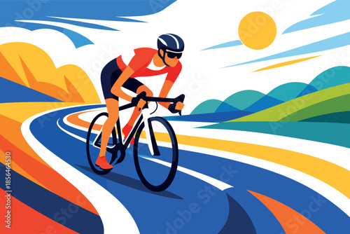 Corporate modern illustration of cyclist riding road bike in endurance sport scene.