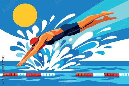 Corporate modern illustration of swimmer diving into pool with splash motion.