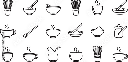 Set of black line art icons for matcha tea preparation and serving whisk chasen