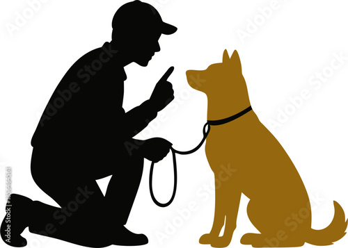 Silhouette of a man with his dog outdoor bond between man and pet, emotional animal friendship vector illustration.