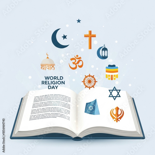 World Religion Day concept open book with diverse religious symbols vector illustration for unity and peace