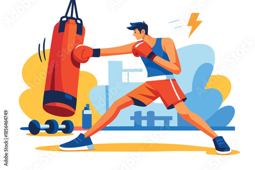 Corporate modern illustration of boxer training with punching bag strength workout.
