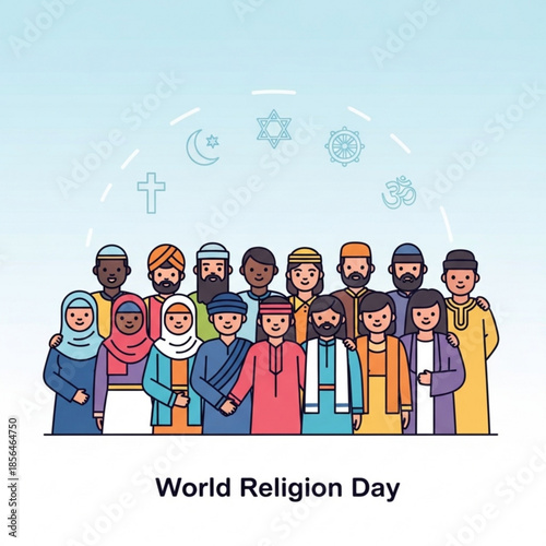 Diverse group of people representing world religions flat vector illustration for cultural understanding and unity isolated on white