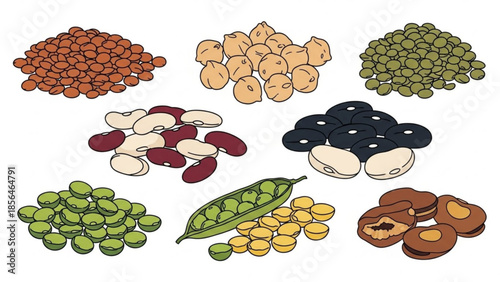 Collection of assorted legumes and beans hand-drawn illustration for healthy eating and food concepts isolated on white background