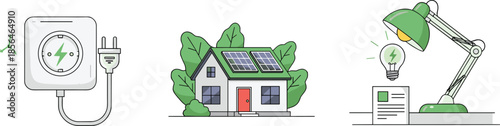 Green energy illustration set, smart home solar power system, eco friendly electricity concepts, renewable energy technology, sustainability design