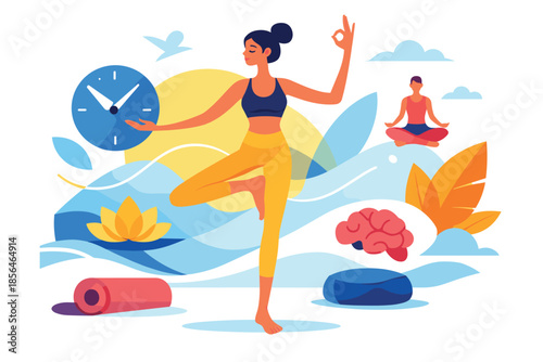 Corporate modern illustration of yoga instructor holding balance pose mindfulness concept.