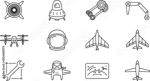 Black Line Art Icons of Aviation Technology and Space Exploration vector
