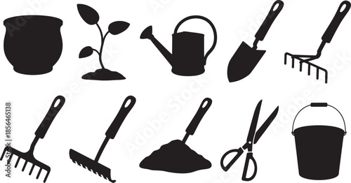 Black silhouette set of gardening tools and plant pot on white background vector